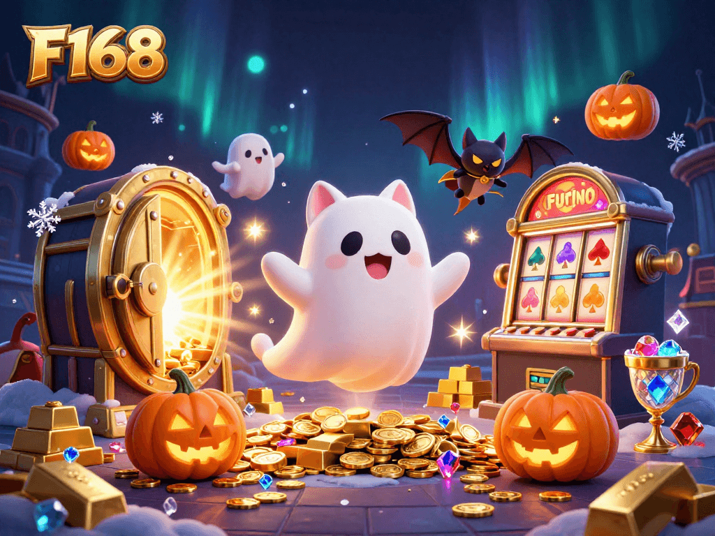 Experience F168 with a friendly ghost cat and vampire bat in a vibrant haunted casino.