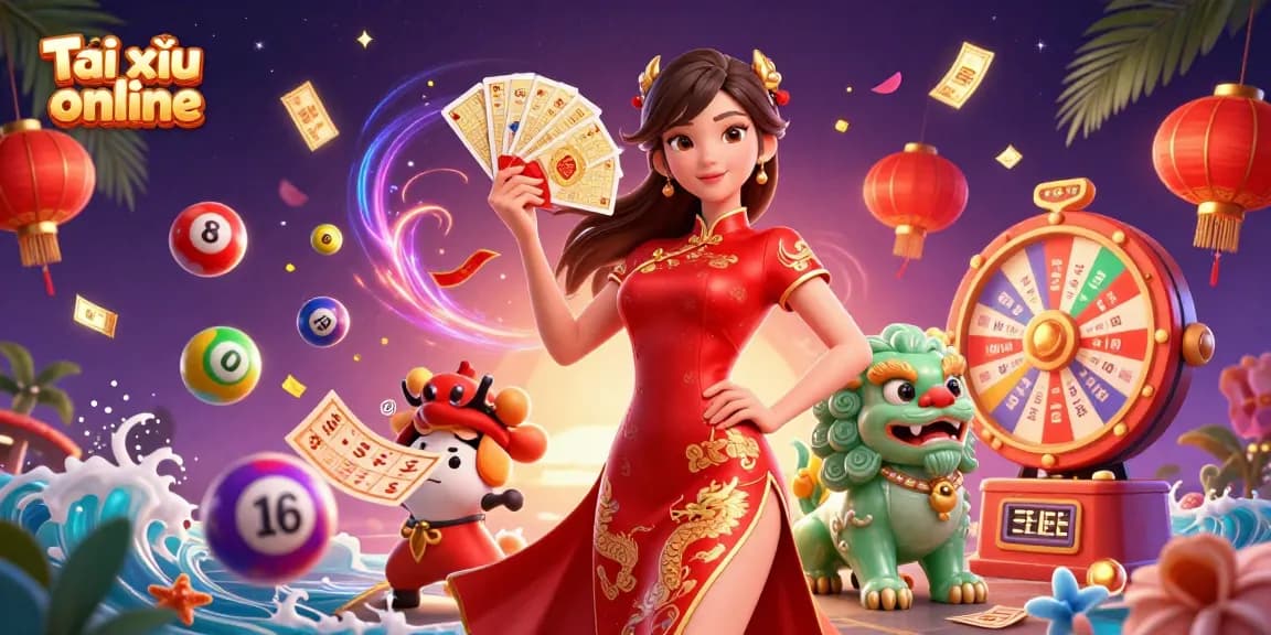 Play Tài xỉu online in an exciting 3D illustration with vibrant game elements surrounding a stunning character.