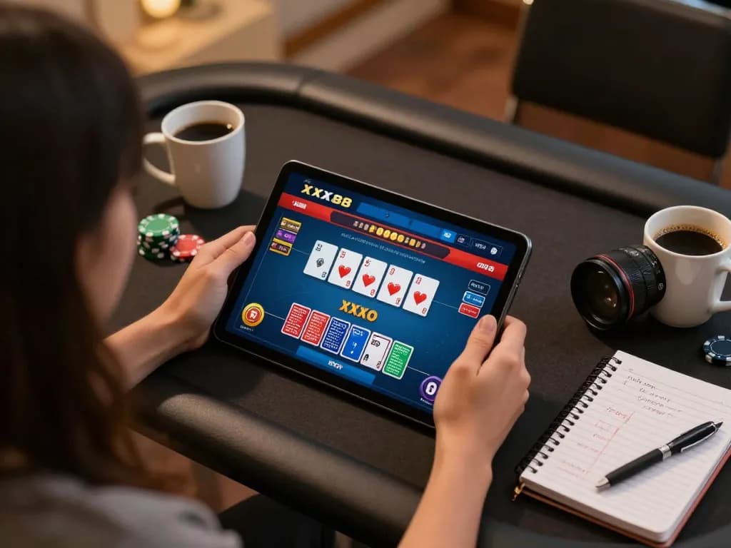 Engaged player on XX88 poker app at home, showcasing strategic gameplay and cozy ambiance