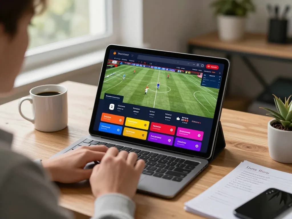 Tip88 user placing bets on a tablet with vibrant live sports scores visible, embracing excitement of betting