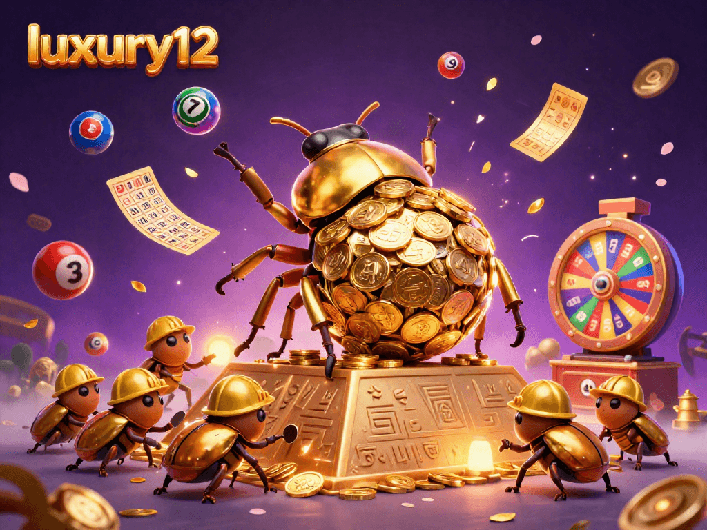 Experience the excitement of luxury12 with colorful lottery elements and dynamic 3D beetles in a casino-themed illustration.