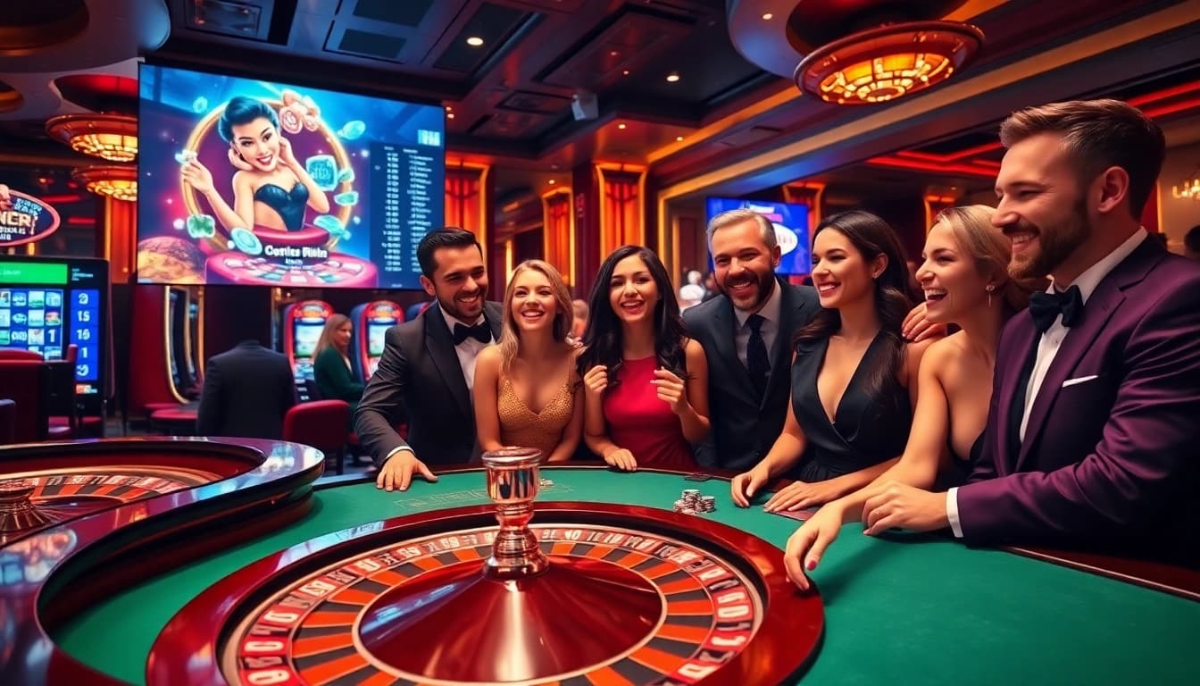 Experience the excitement of online gambling at https://rr88k1.com/ with an elegant casino scene featuring vibrant gameplay.