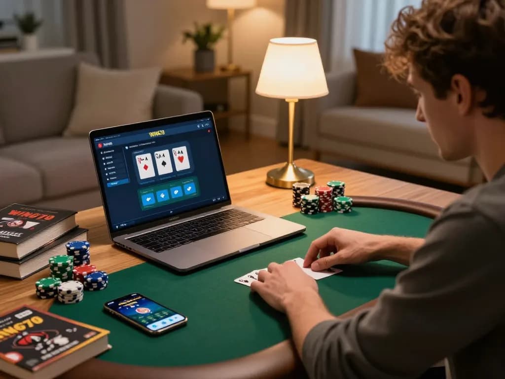 Engaging online poker game on WIN678's interface with cozy home atmosphere and focused player.