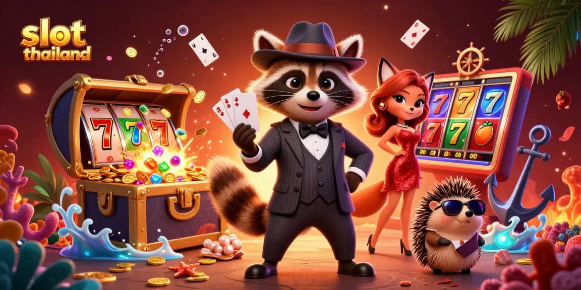 Experience thrilling gameplay in slot thailand with a suave raccoon championing a royal flush among vibrant casino elements.