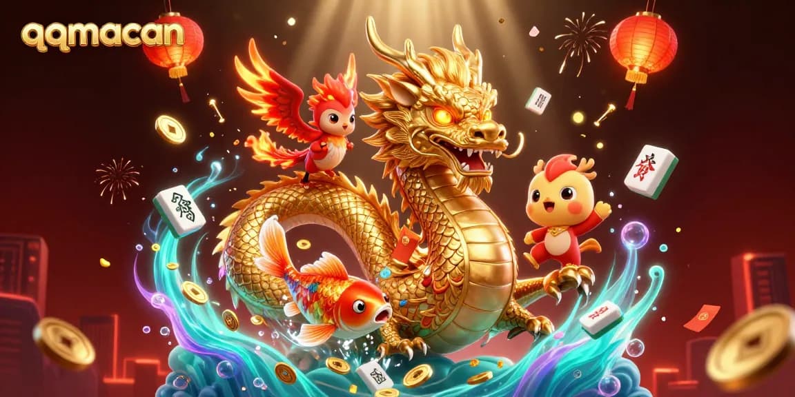 qqmacan showcases a vibrant 3D dragon and phoenix amidst casino-themed elements, evoking luck and excitement.
