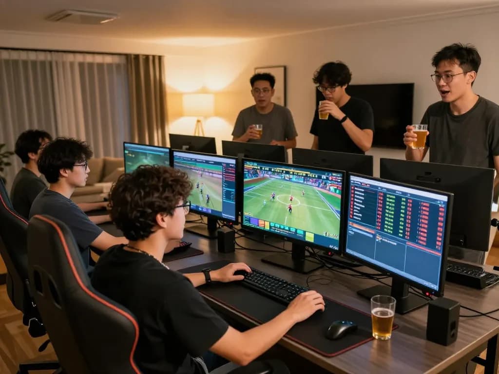 RR88 players engaged in dynamic sports betting with multiple screens showing live events.
