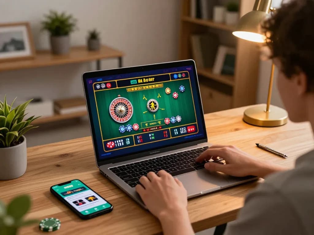 Player engages with RR88 online roulette, showcasing an immersive home gaming setup with laptop and smartphone.