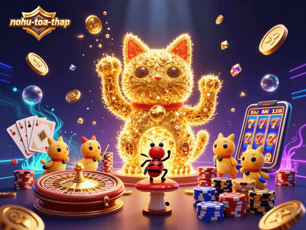 Nohutoa-thap presents a vibrant scene of a lucky cat amid casino symbols and golden sparks, showcasing thrilling gaming action.