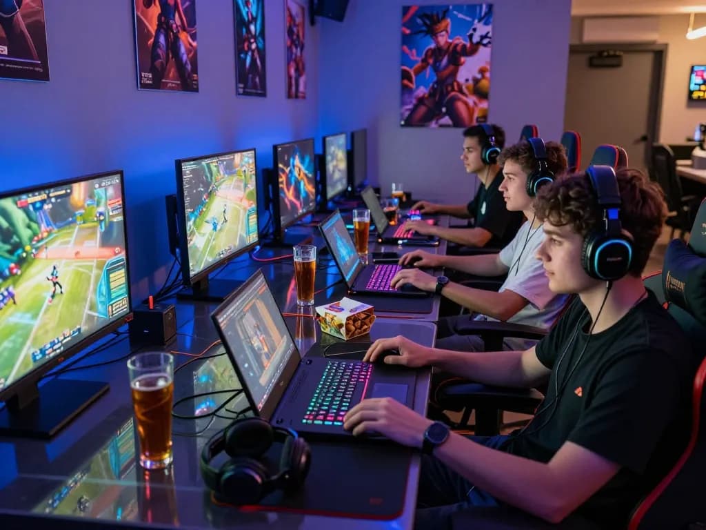 Group enjoying barcaslot gaming session in a modern digital lounge with vibrant lighting.