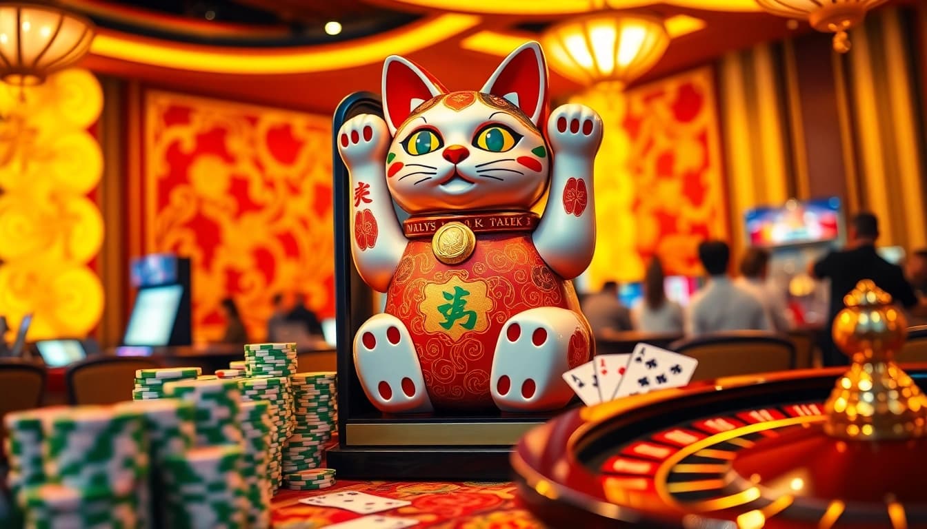 Experience the thrill of the Lucky Neko slot machine surrounded by vibrant casino elements.