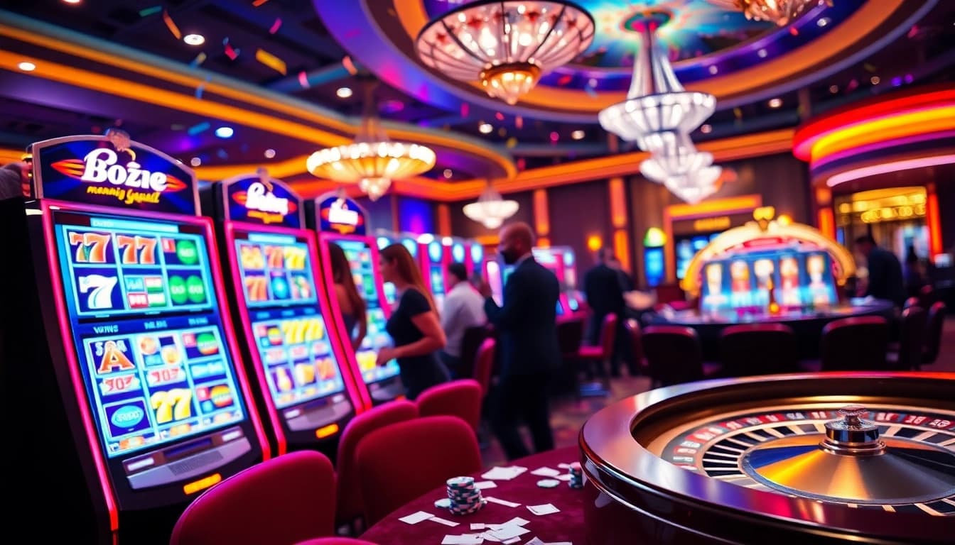 Players engage with slot machines in a vibrant casino scene full of excitement and colorful decor.