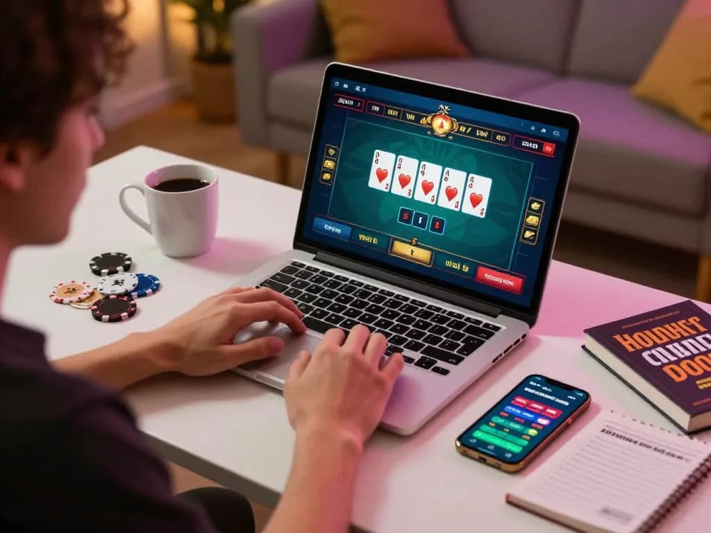uu88 engaging in responsible poker gaming from home with a modern setup and laptop