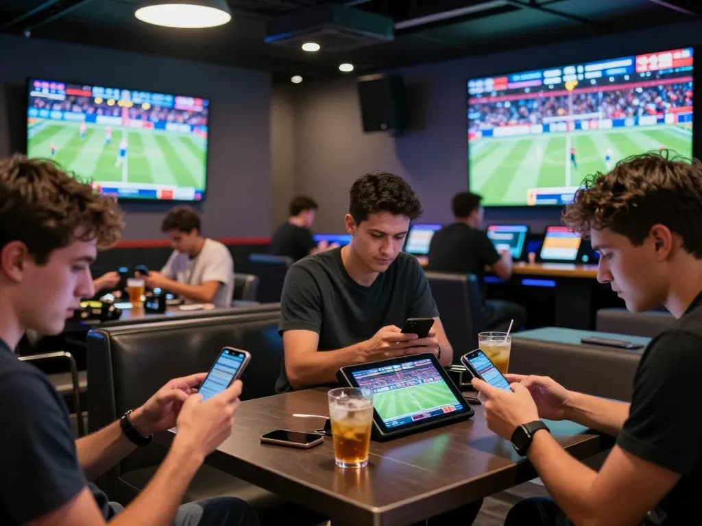 Engaged bettors strategizing live sports odds on U888 platform in interactive lounge.