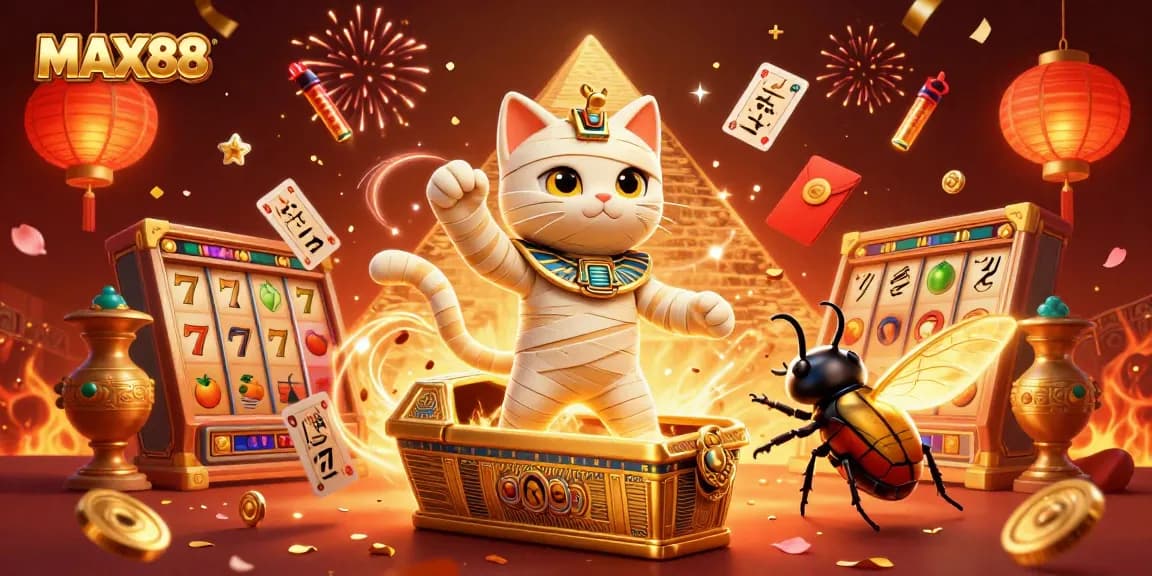 MAX88 enchants players with a 3D Egyptian mummy cat and slot machines in a vibrant casino world.