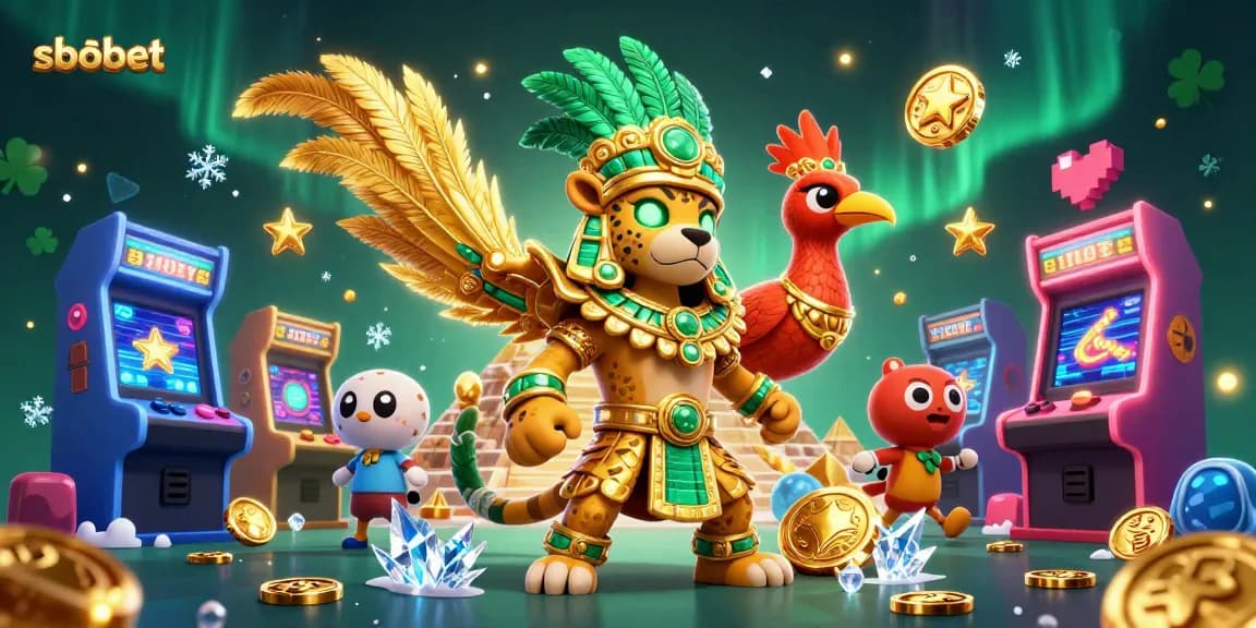 SBOBET sports betting scene with iconic characters, arcade game elements, and vibrant casino atmosphere.