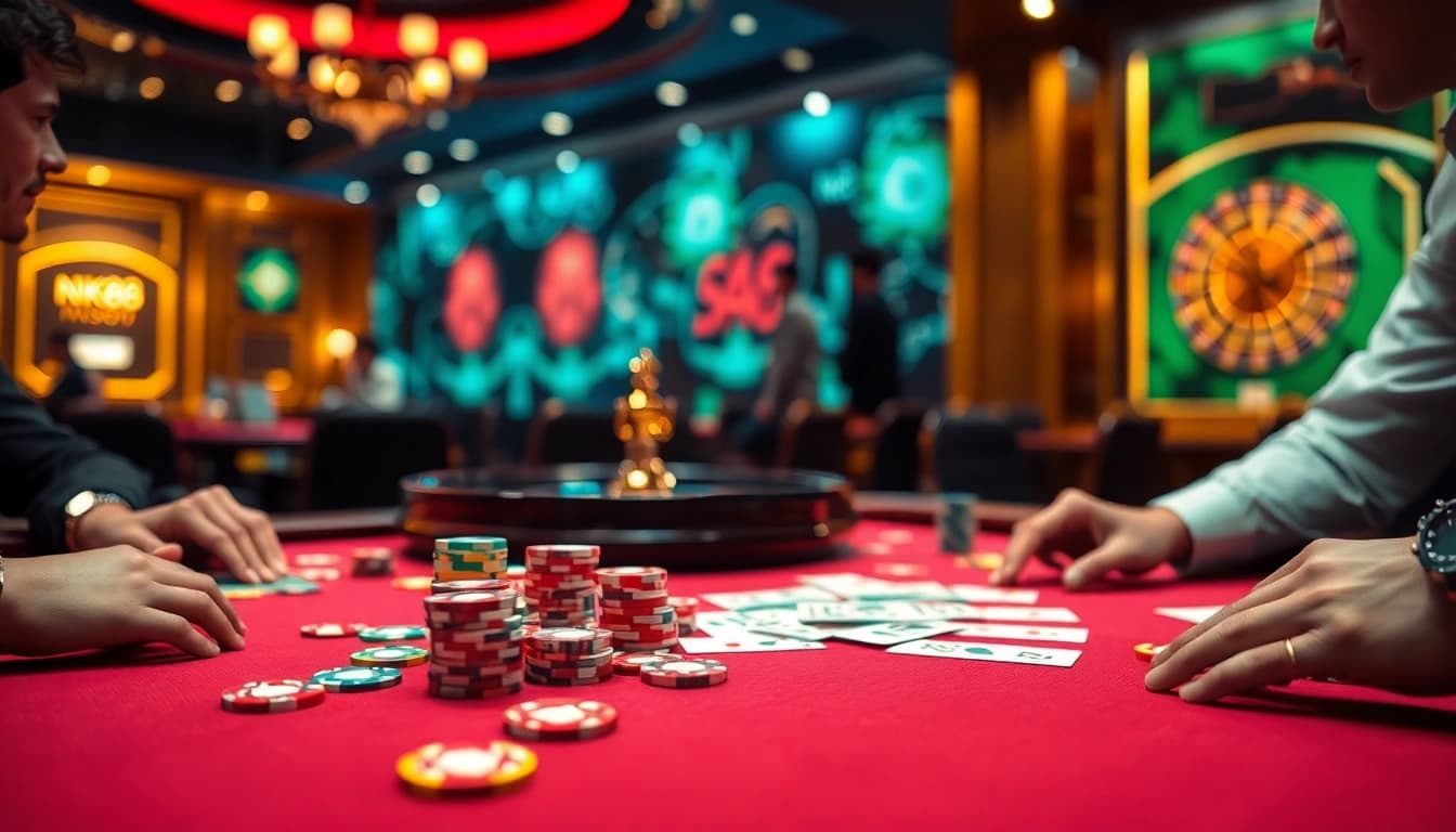 Players enjoying high-stakes poker at NK88's luxurious casino table filled with colorful chips.