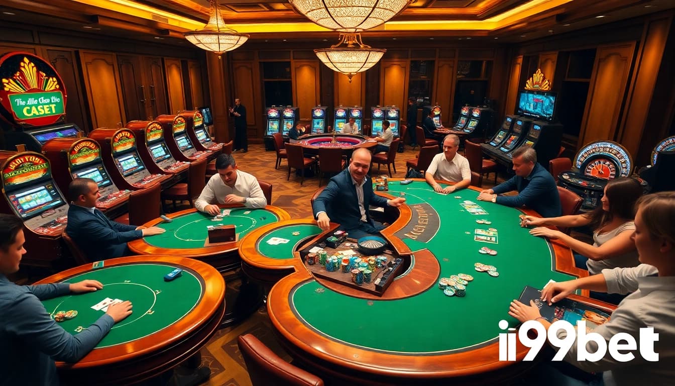 Exciting gambling atmosphere at i9bet casino with poker tables and vibrant slot machines.