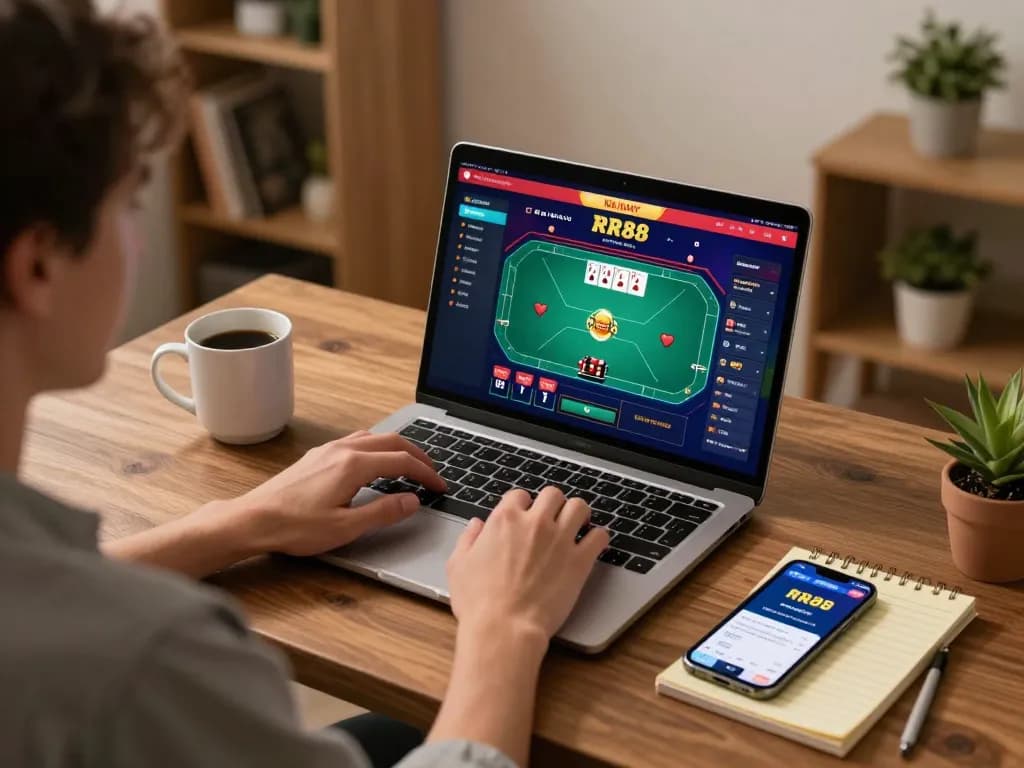 Engaging scene of RR88 NAVY online gaming, showcasing a player focused on playing poker at home with a laptop.