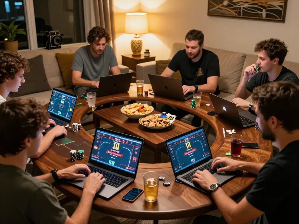 Engaged players enjoying B52CLUB online poker night with laptops and snacks in cozy atmosphere