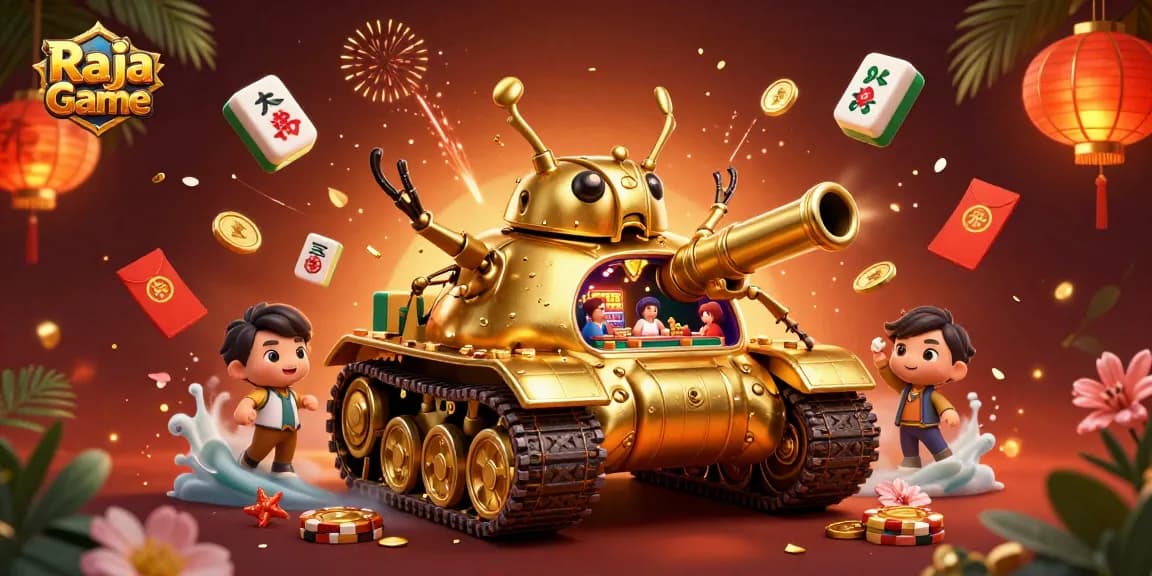 Play exciting games on Raja Game with vibrant 3D casino illustration featuring unique elements and characters.