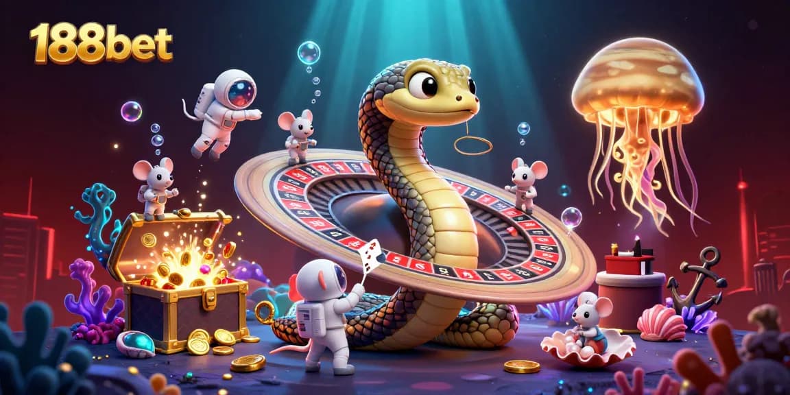 Experience the thrill of 188bet with a captivating cosmic casino illustration featuring exciting bets and dynamic characters.