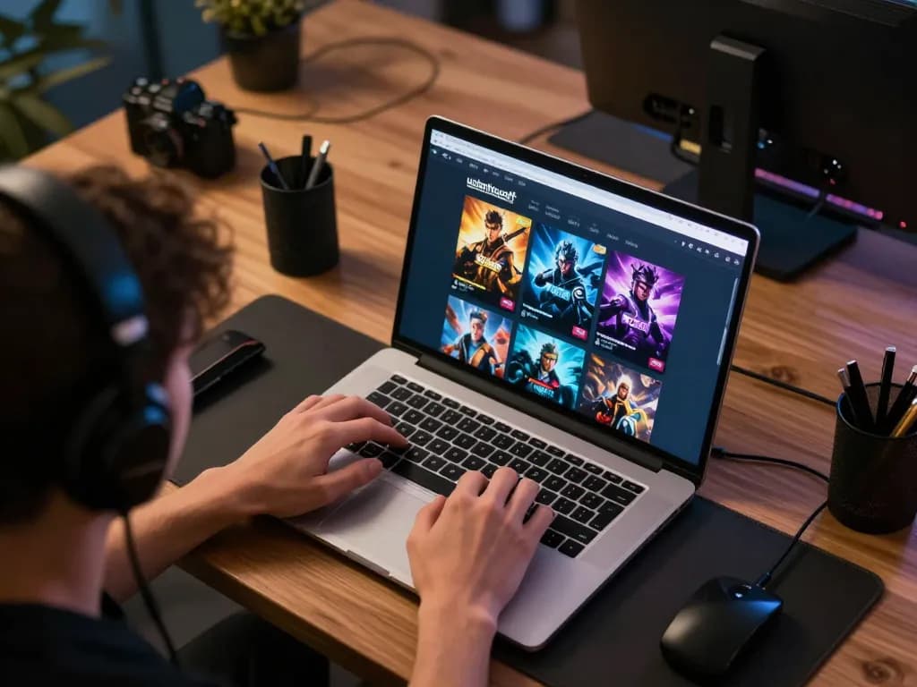 Person engaging with ushimitsusoft's online casino games on laptop in a cozy gaming setup