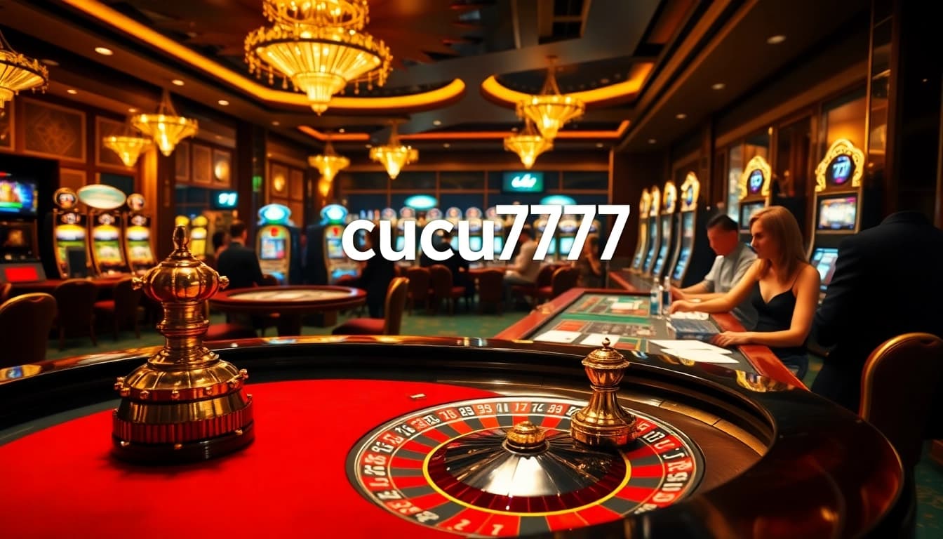 Experience the thrill of cucu777 with players at vibrant casino tables, slot machines, and roulette.