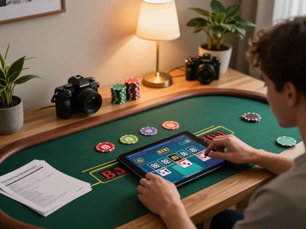 Engaging in open 88 live dealer blackjack at home, showcasing strategic play and comfortable setup