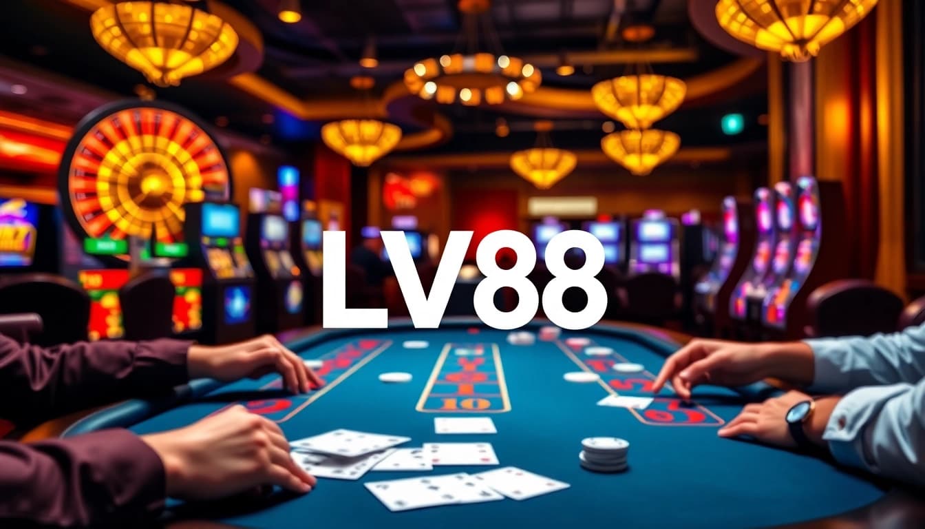 Player bets at the LV88 poker table, surrounded by vibrant casino ambiance and excitement.