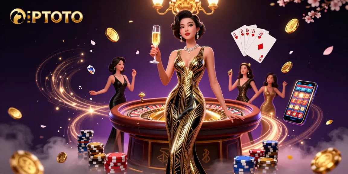 Pemain slot PPTOTO mengalami kemenangan dinamis dikelilingi oleh koin yang mengalir dan elemen roda keberuntungan.