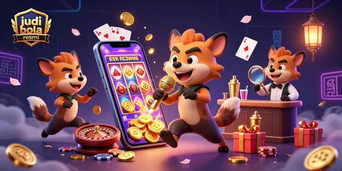 Experience the excitement of judi bola resmi through a vibrant casino illustration with dynamic characters and games.