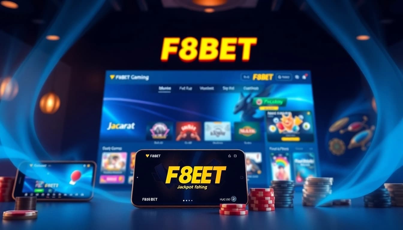 F8BET online gaming platform showcased on smartphones and desktop, highlighting popular games.