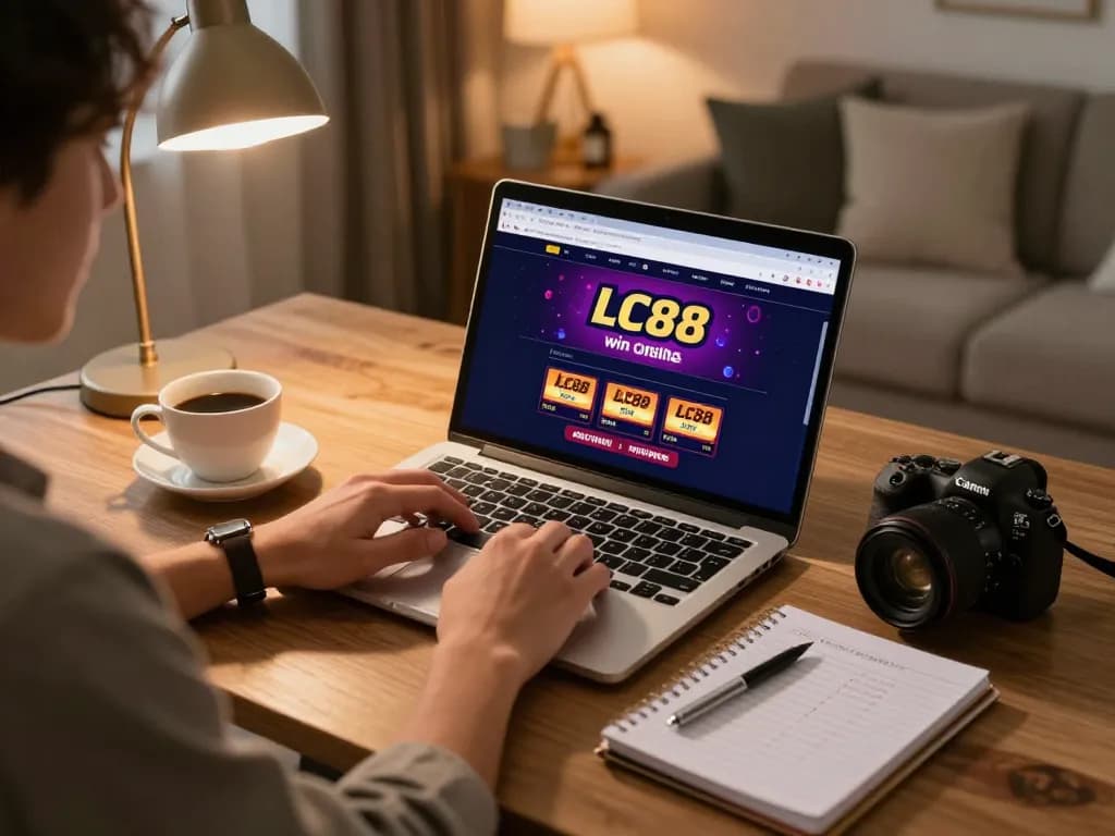 Engaging in LC88 win strategies online with a laptop and notebook in a cozy home setting.