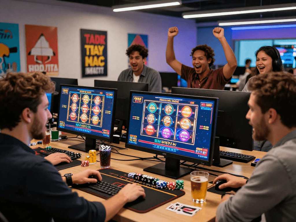 US casinos for UK players engaging in an exciting online gaming experience, showcasing diverse players and vibrant visuals.