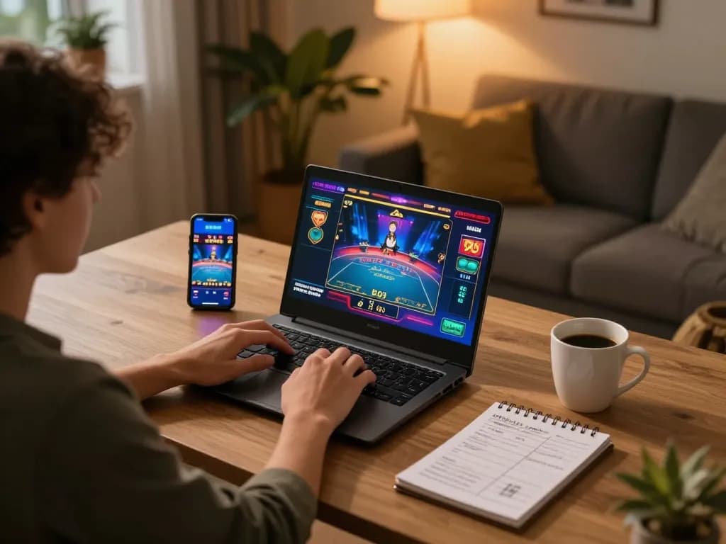 Kuwin online gaming setup featuring a user engaged in casino gameplay with strategic notes.