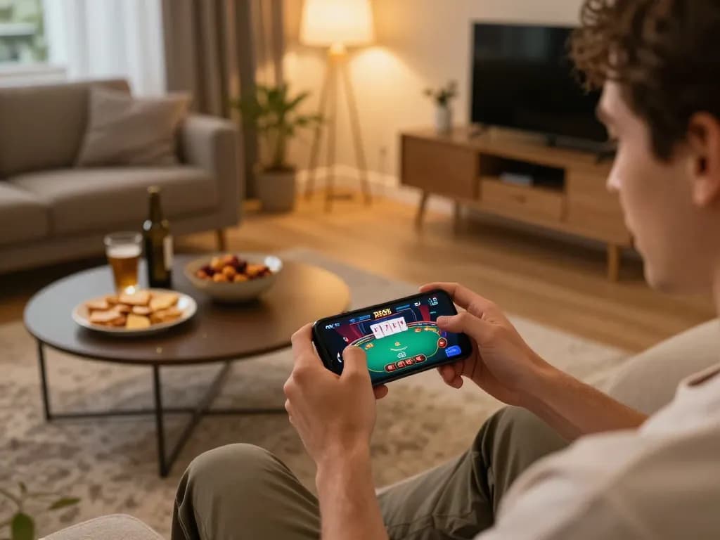 Engaged user enjoying RR88 app for an immersive online poker experience at home.