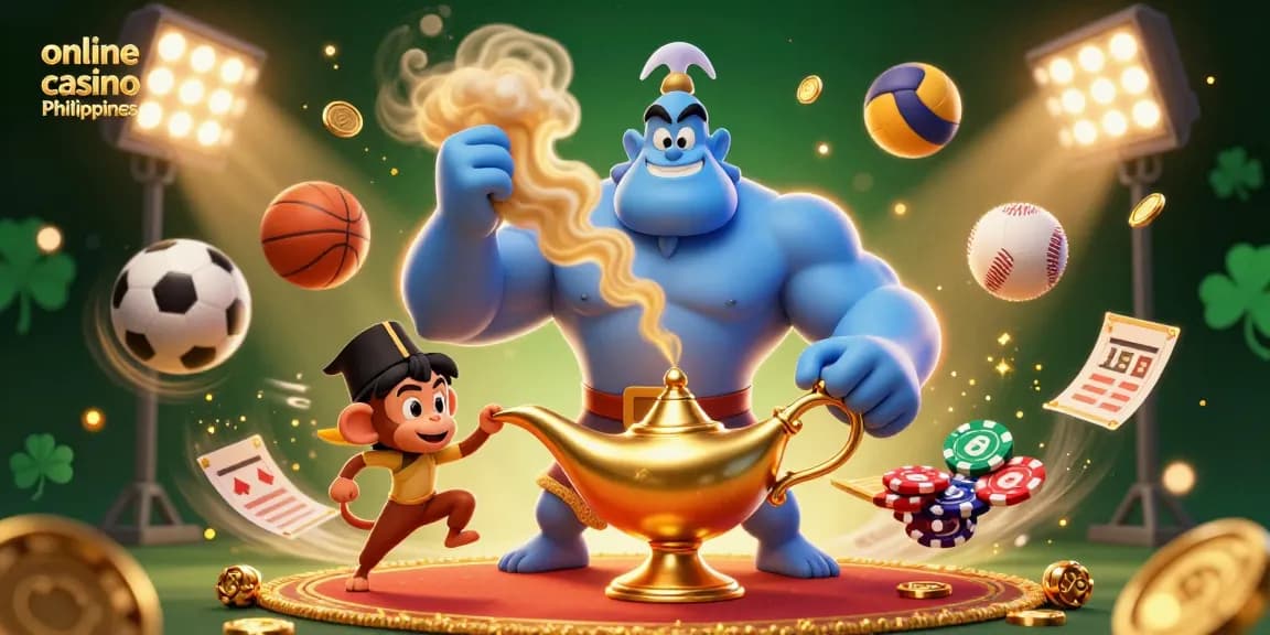 Join the excitement of the online casino Philippines with vibrant 3D characters and dynamic gaming elements casting a magical ambiance.