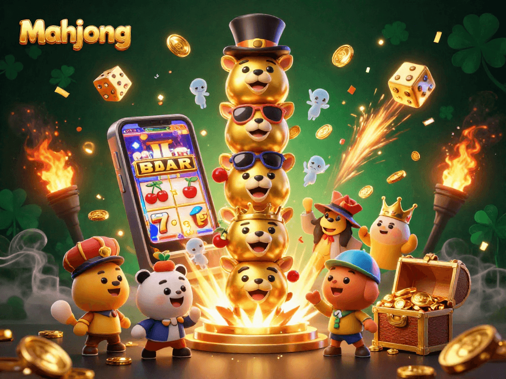 Experience the thrill of mahjong with vibrant slot machines and golden treasures in this dynamic casino scene.