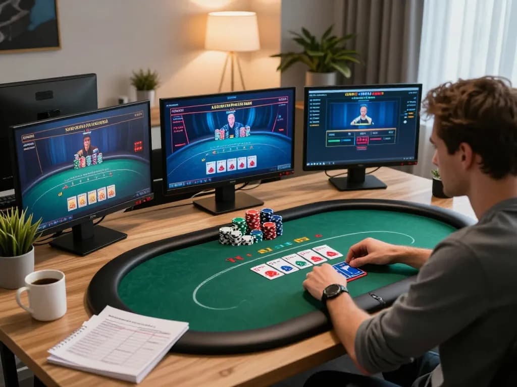 Engaging online gaming scene at vicwin with a player focused on poker strategy, showcasing comfortable and responsible gaming.