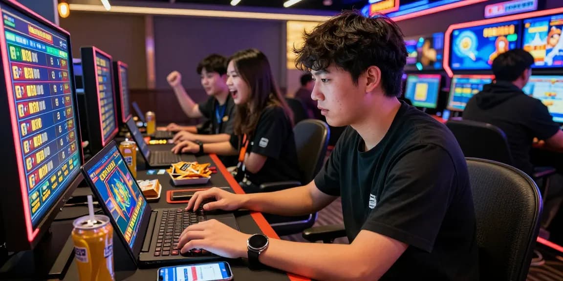 Suasana turnamen slot online di Fujiwin88 dengan pemain yang fokus dan suasana meriah.