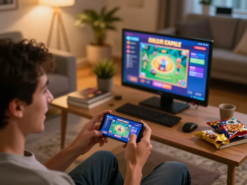 Person enjoying casinos not on gamstop with engaging online gaming on smartphone in cozy living room.