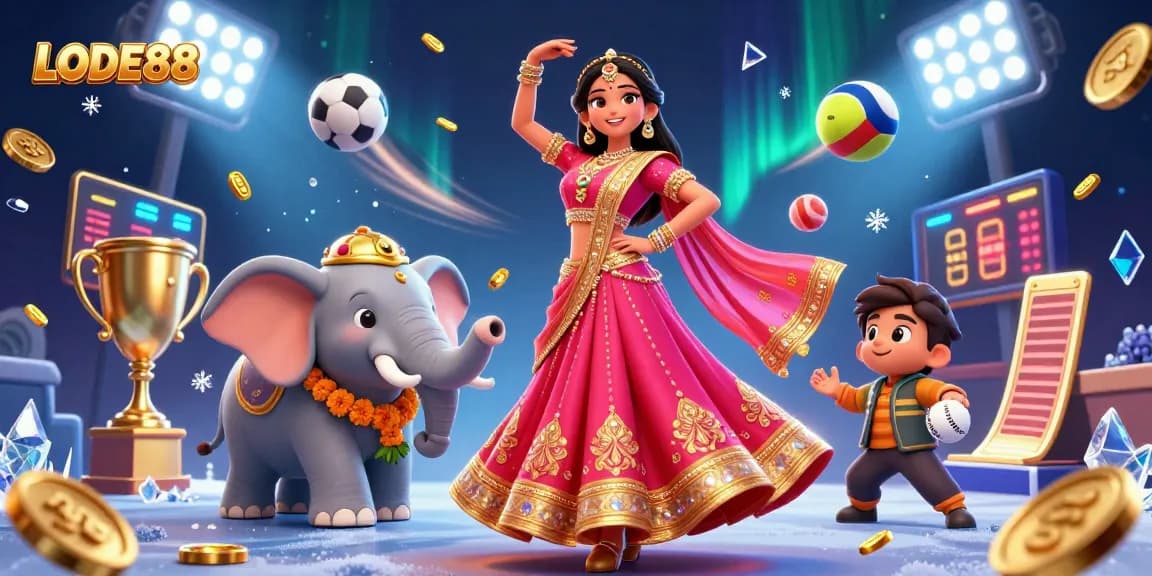 Bet on LODE88 with a vibrant depiction of Asian-inspired celebrations and dynamic sports elements.