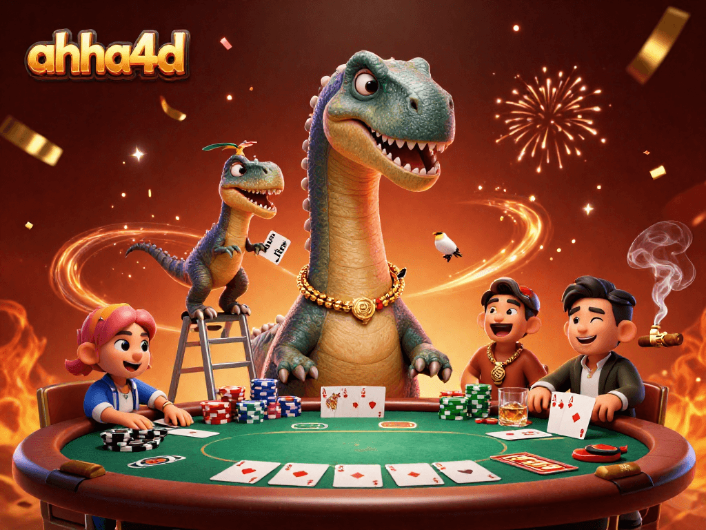 Bidik kartu poker yang menonjol dalam gambar brontosaurus besar dan raptor di kasino ahha4d.