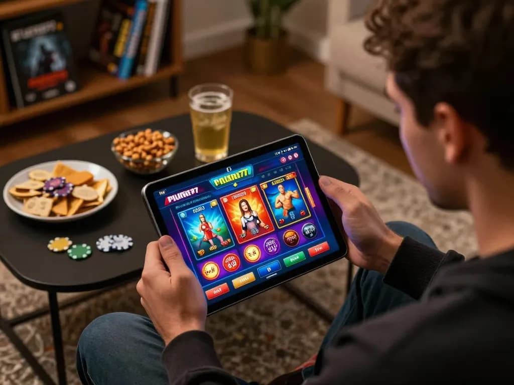 Berinteraksi dengan permainan kasino online Planet77 di tablet dalam suasana yang nyaman, menampilkan strategi dan hiburan.