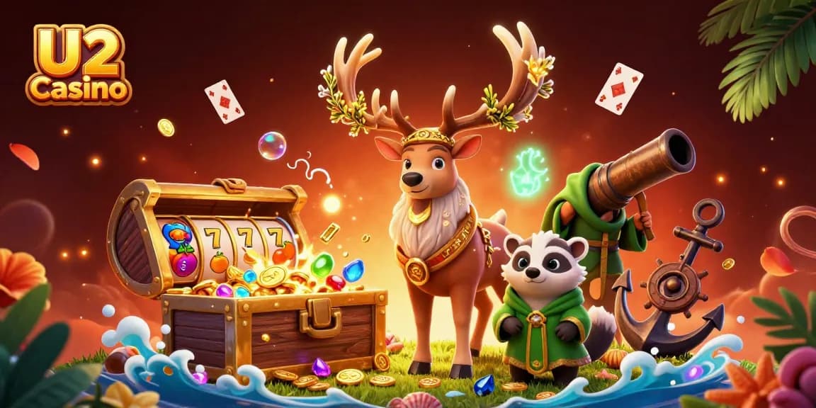 Engage with U2 Casino's vibrant slot games and live gaming experience in this immersive illustration.
