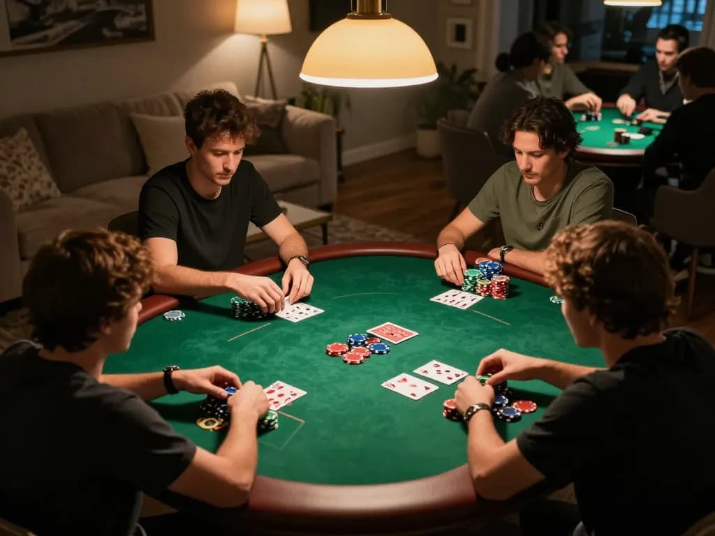 Mega888 players strategizing during an exciting poker game at home, with colorful chips and cards.