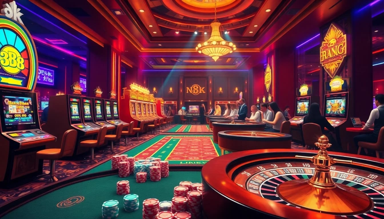 Experience the thrills of NK88 online casino with vibrant game tables and luxurious gaming elements.