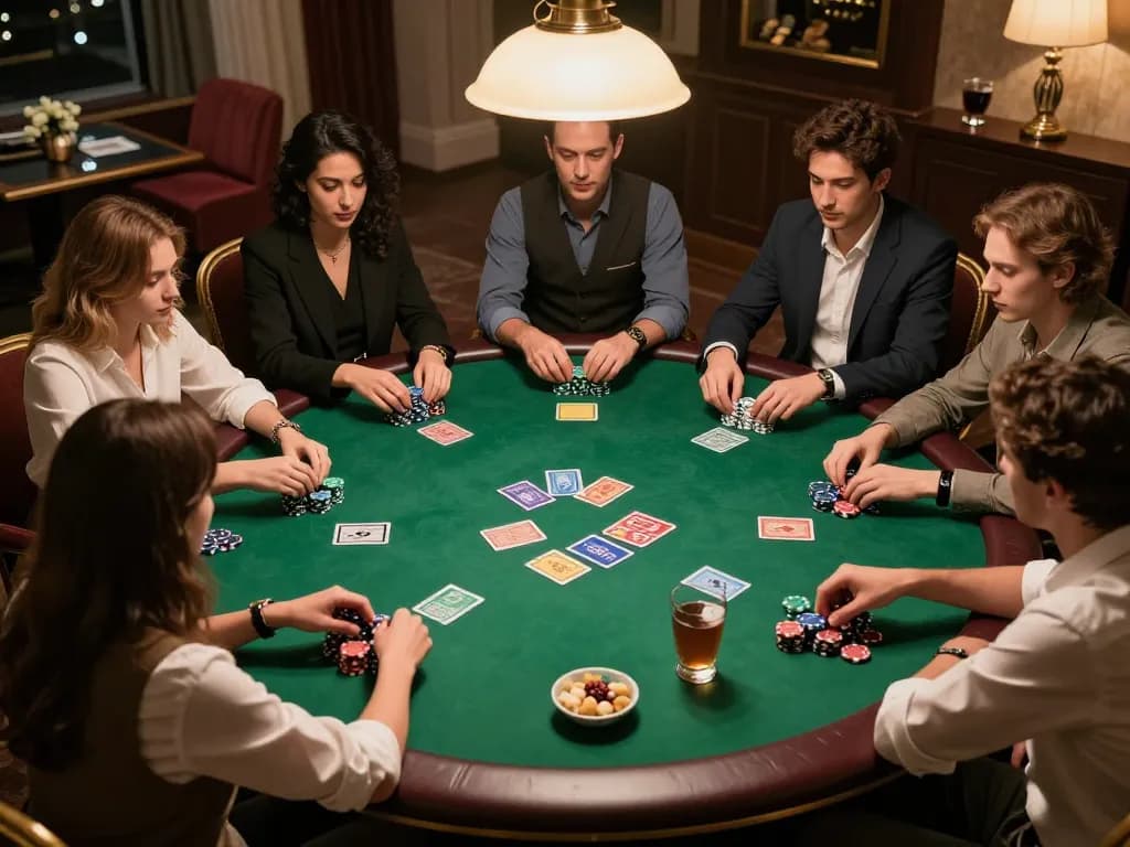SC88 players engaged in a thrilling poker game, chips stacked high with focused expressions.