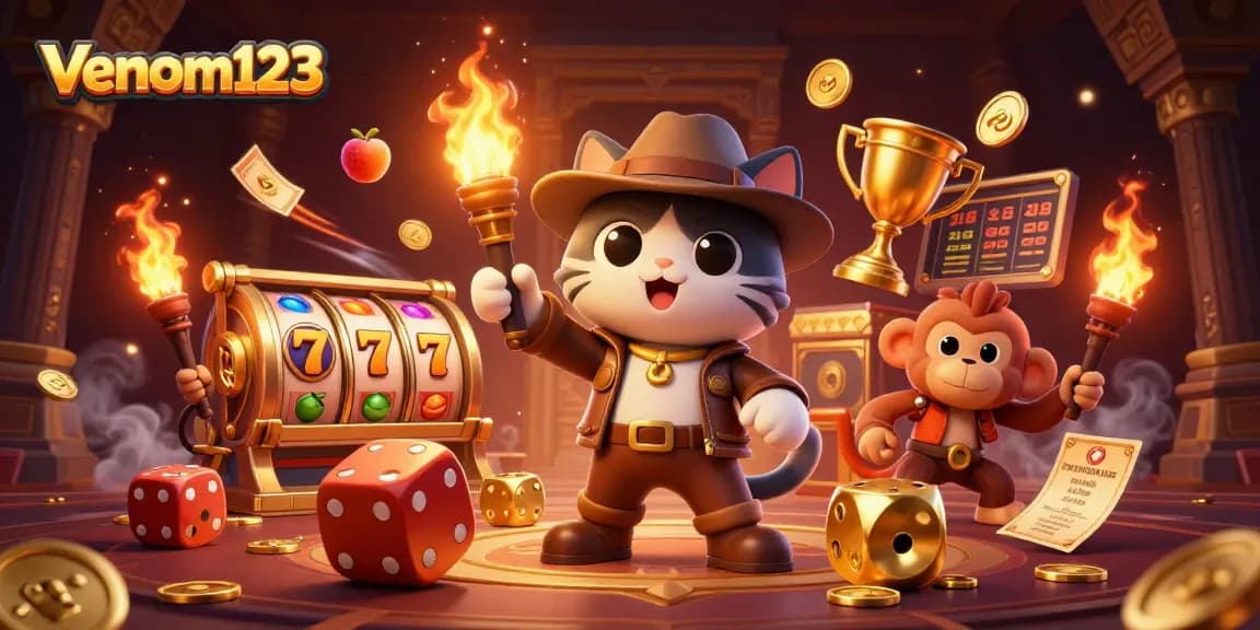 Memainkan game slot di venom123 dengan karakter kucing dan monyet dalam adegan berkilau.