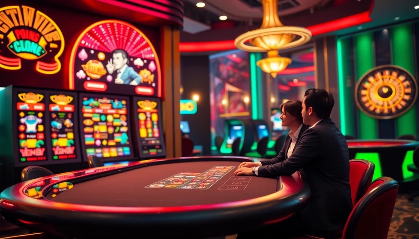 Nổ Hũ Đổi Thưởng experience highlighted in a luxurious casino setting with vibrant slot machines and poker players.